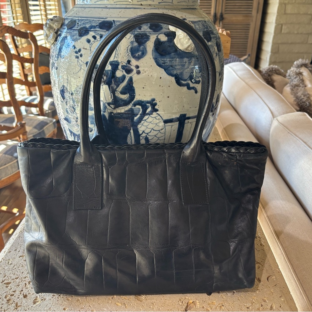 Classic Black Leather Shoulder Bag with Structured Design. Measures 15”x8” - Picture 5 of 5